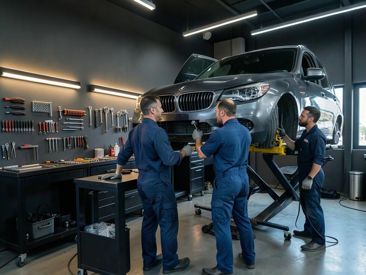 Two installers working on a vehicle in a clean, well-lit shop
