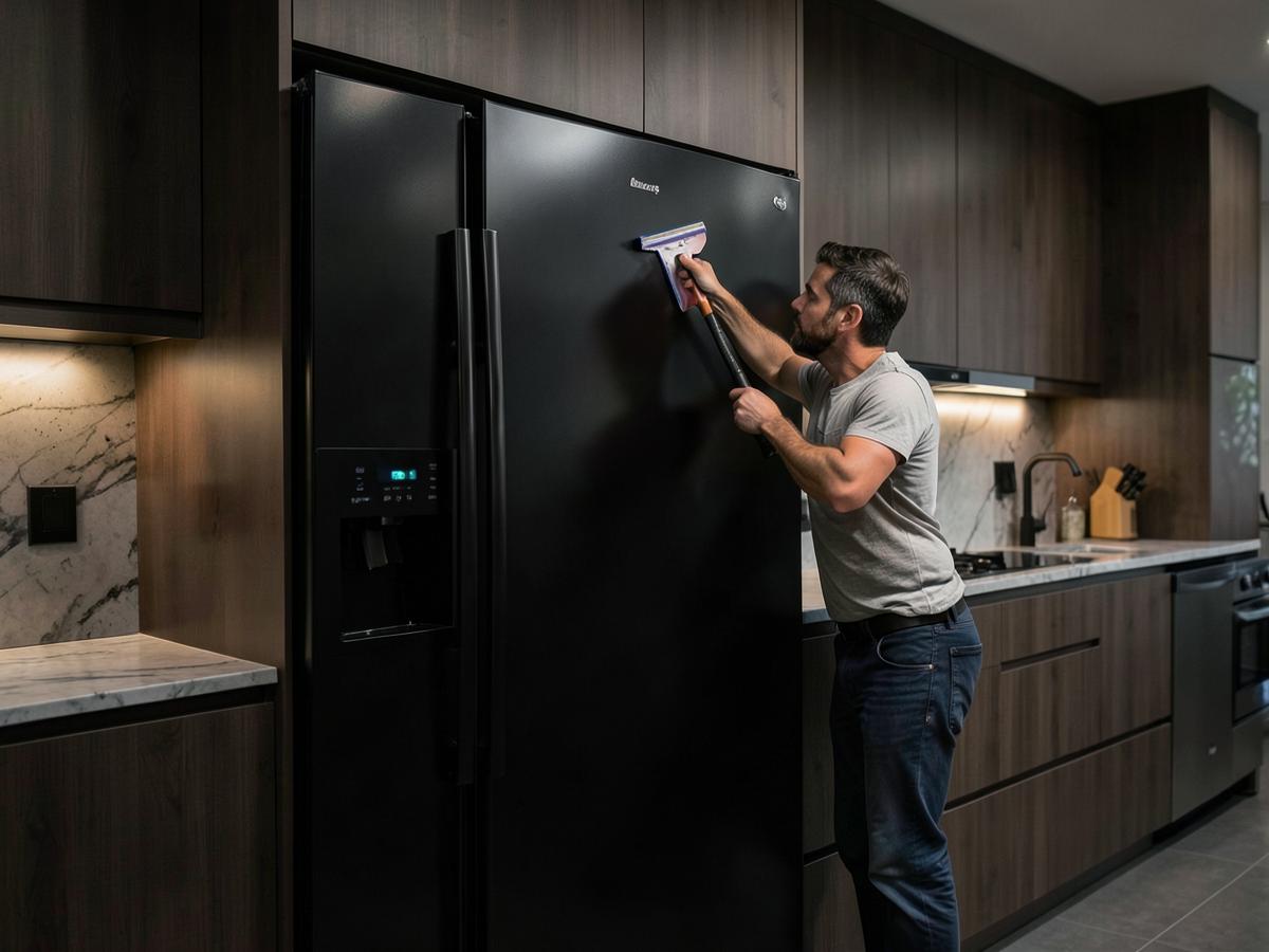 Installer smoothing matte black vinyl film onto a kitchen refrigerator door