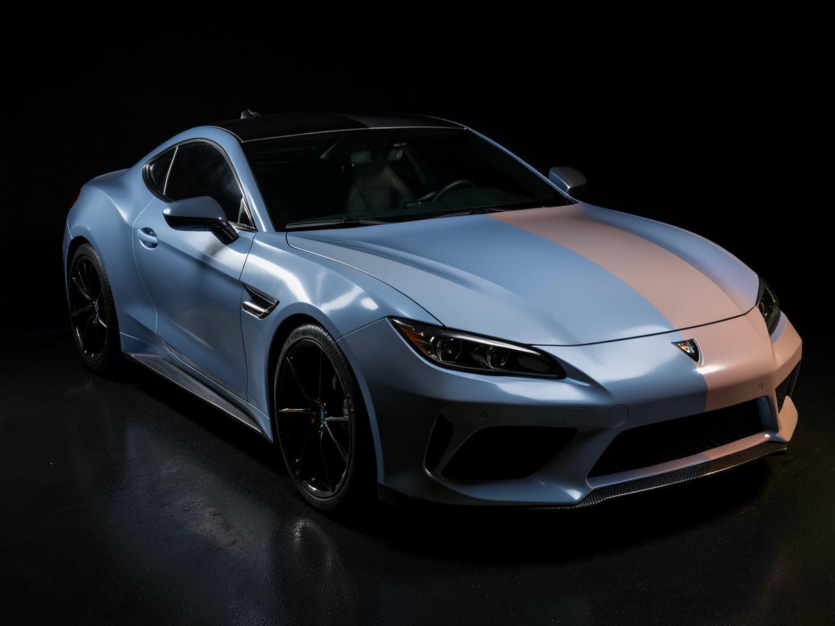 After — Sports car front end finished in satin coloured protection film