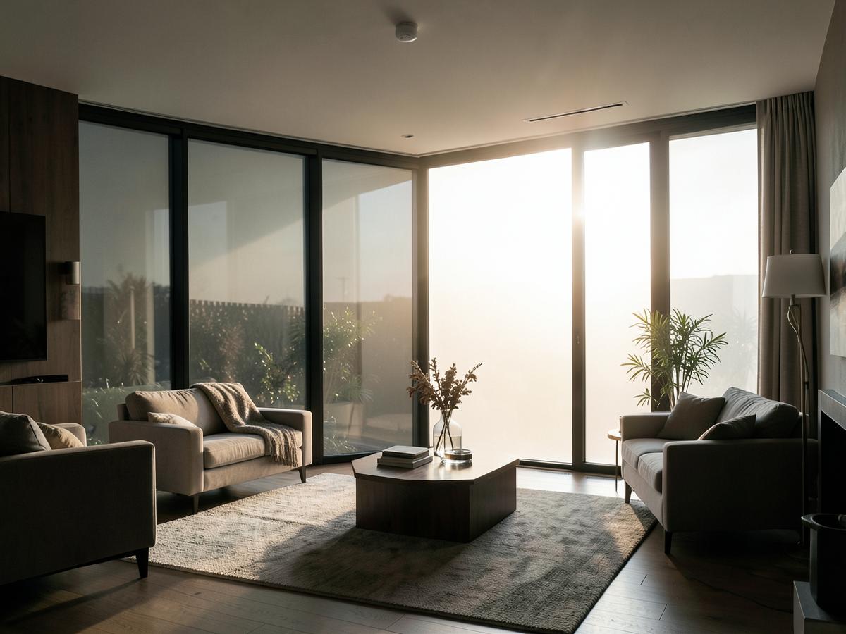 Living room window wall with solar control film cutting glare