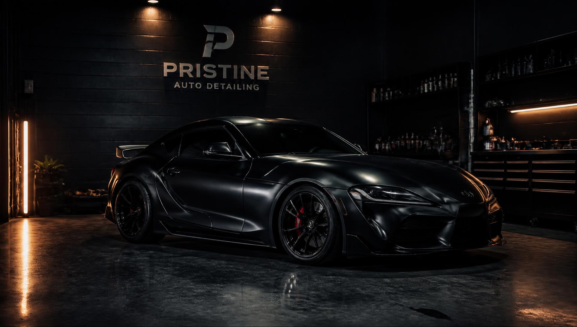 Matte black sports car under studio lighting in a detailing bay