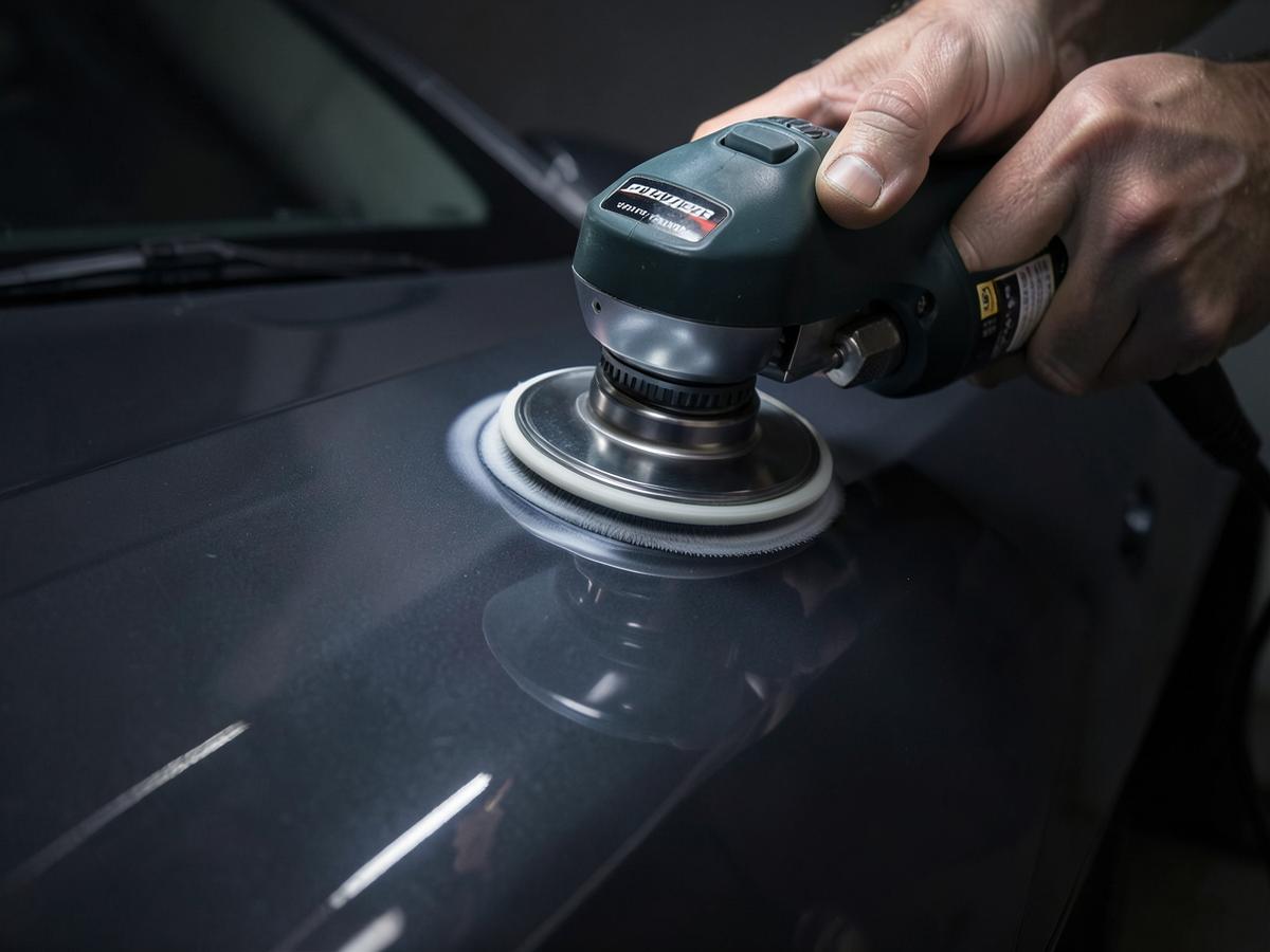 After — Polisher refining a dark hood to a mirror finish