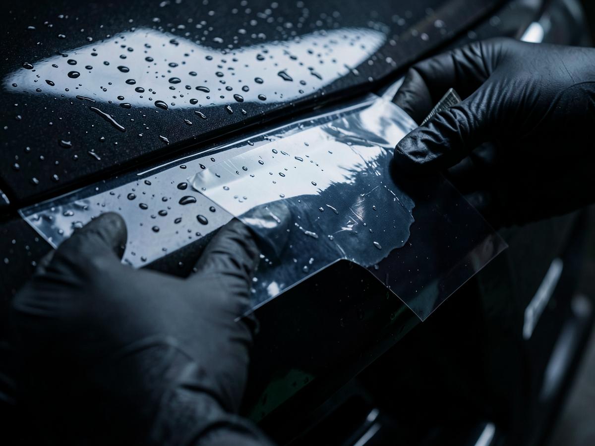 Gloved hands applying clear paint protection film to a wet black bumper