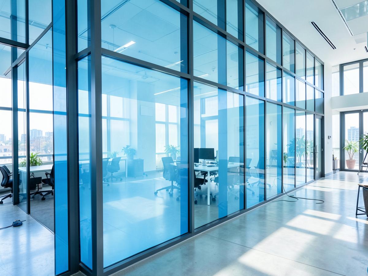 Bright office with solar control window film across a full glass facade