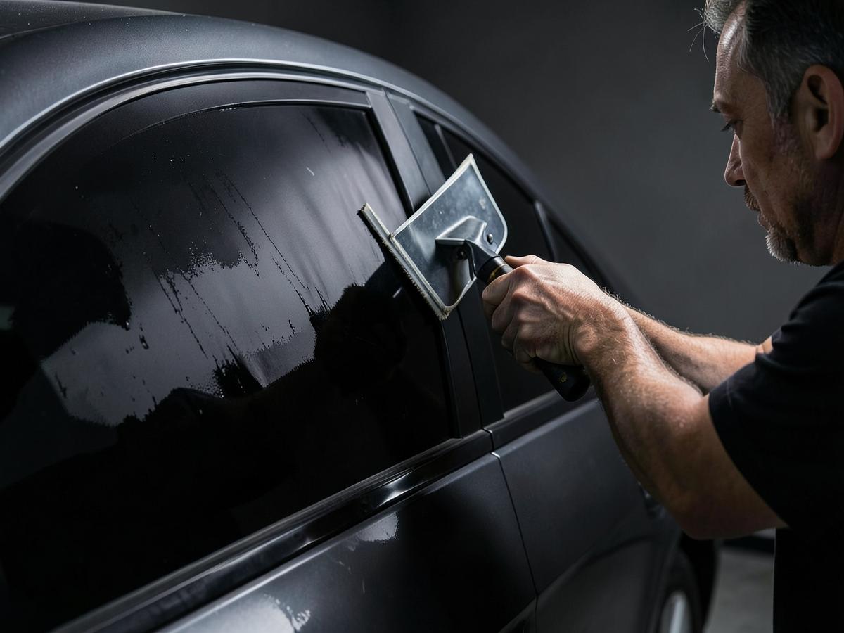 Installer squeegeeing dark window tint film onto a car door glass