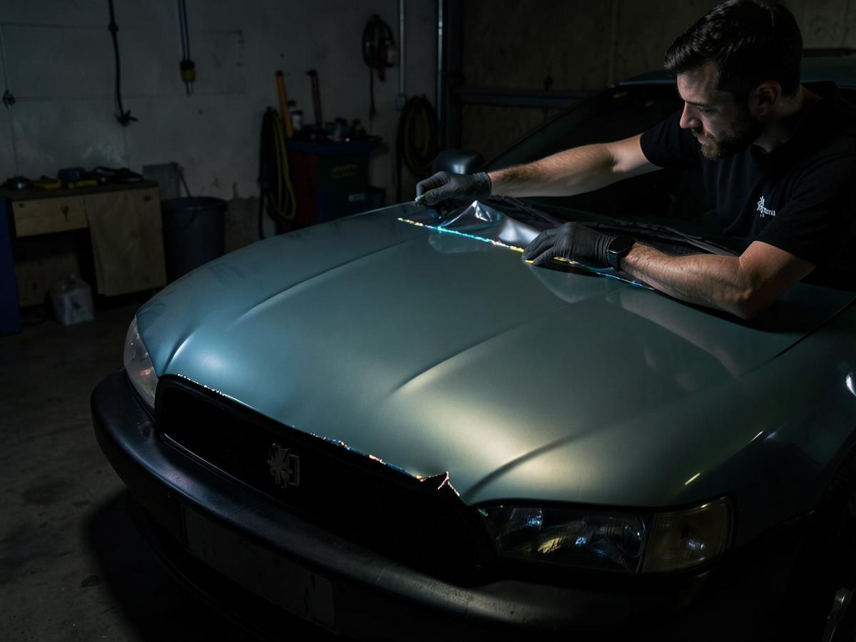 Technician laying satin colour-change vinyl across a car hood